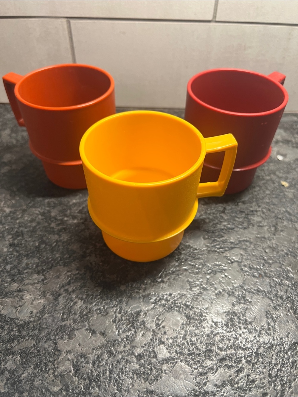 Tupperware Stackable Plastic Mug with handles. Yellow, Orange, Red